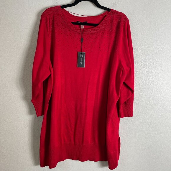 NEW Cable & Gauge Plus 3X Red Long Sleeve Knit Tunic Top Rhinestone Accent Knit - Picture 7 of 10